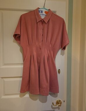 Dusty Rose Pleated Button-Down Shirt Dress